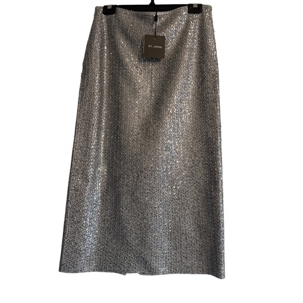 St John Collection Silver Sequin Knit Midi Skirt Size 4 NWT